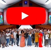 a group of people standing in a church with a youtube video